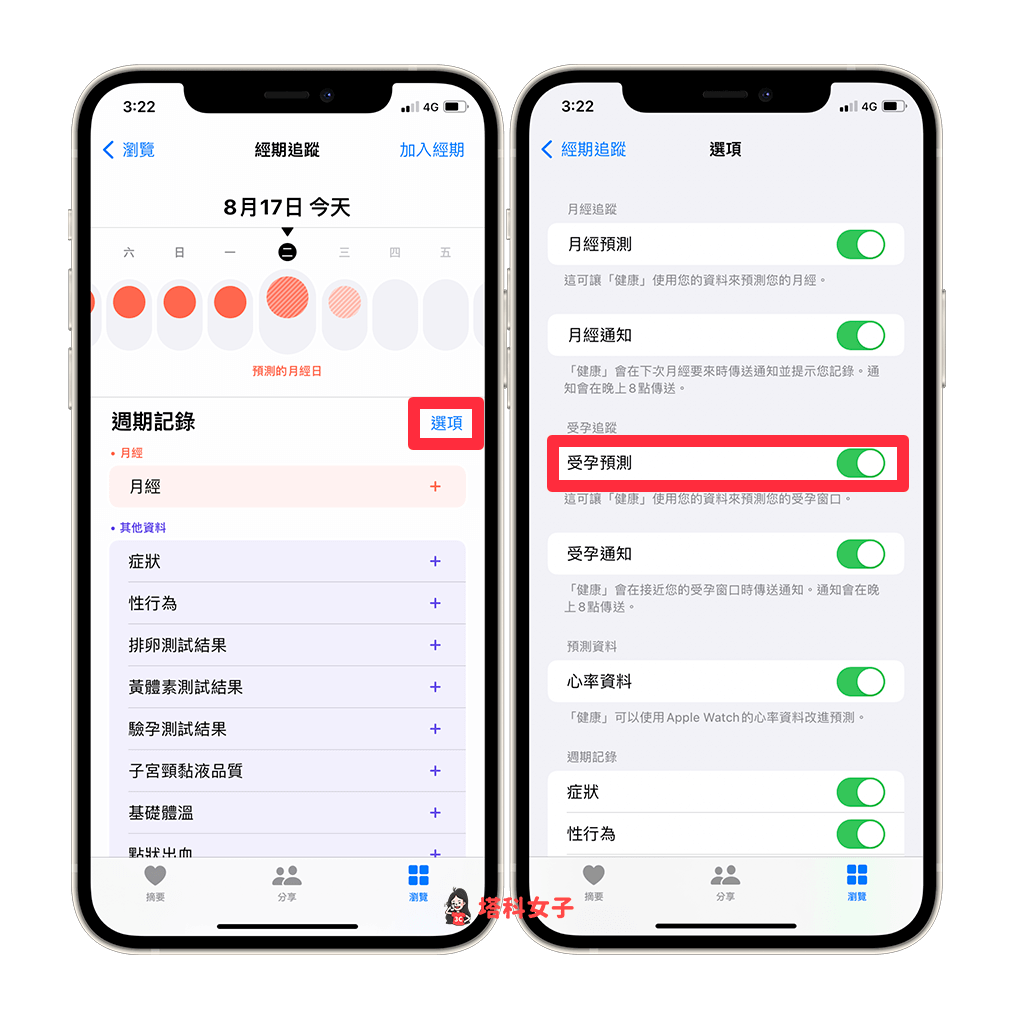 健康 app 「经期追踪」的页面,点选「周期纪录」右边的「选项」。 开启「受孕预测」